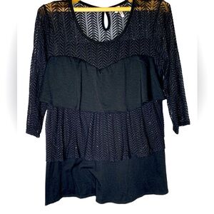Studio Y Tiered Front, Keyhole Back, 3/4 Sleeve Black Shimmery Blouse in Size XL